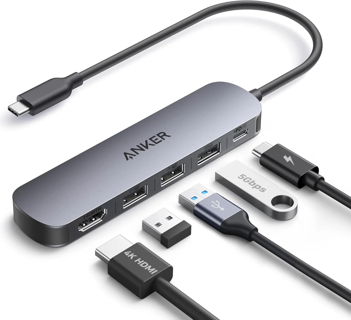 Anker Hub USB-C(5 em 1), HDMI 4K@30Hz com Entrega de Energia Máxima de 100W, Portas de Dados USB-C e USB-A